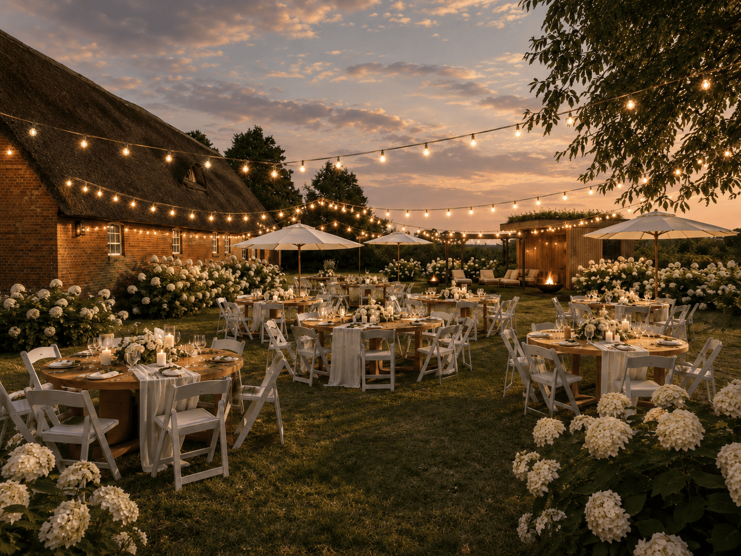 Hochzeitswochenende im Garten des Landsitzhotels Peterhof am Abend