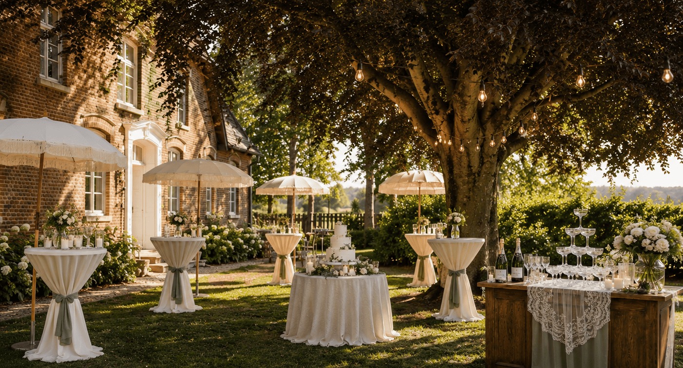 Sektempfang im Garten des Landsitzhotels Peterhof mit Stehtischen unter alten Bäumen
